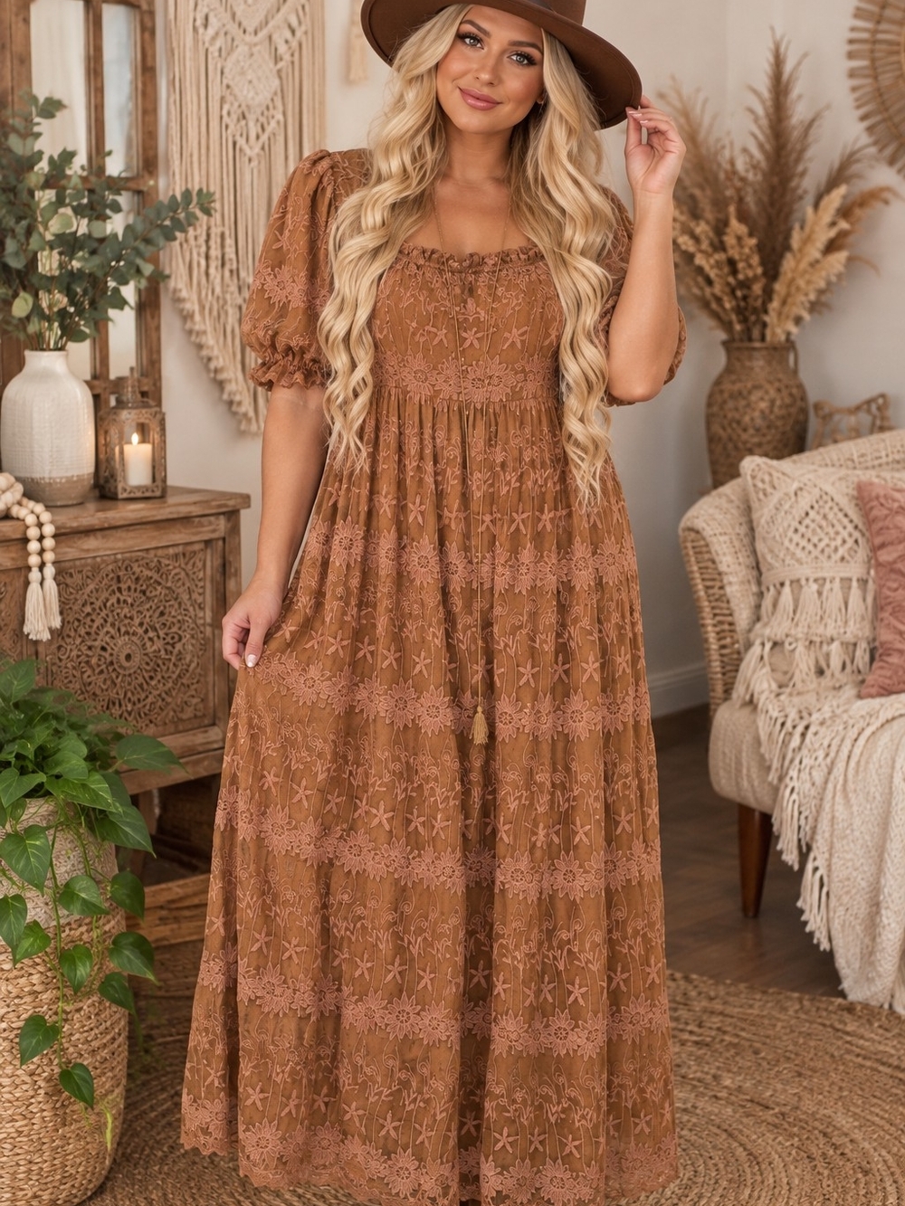 Ivy City Co Brown Lace Tiered Maxi Dress - Picture 1 of 15